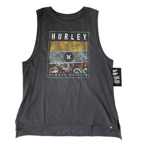 Hurley Tiger Tree Tank Top Women S Gray Biker Cottagecore Raw Hem Beach NWT
